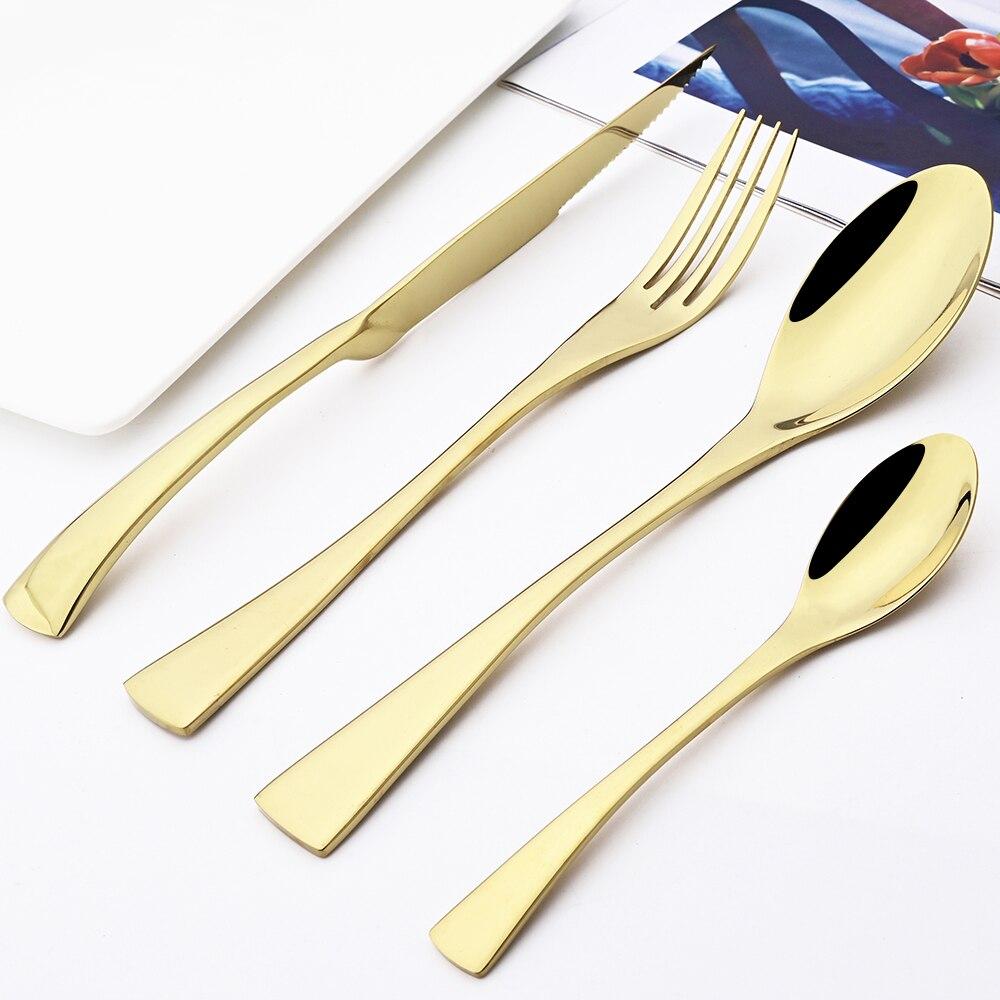 24pcs Shiny Gold Dinnerware Set Upscale 304 Stainless Steel Cutlery Set Steak Knife Fork Spoon Flatware Party Kitchen Tableware