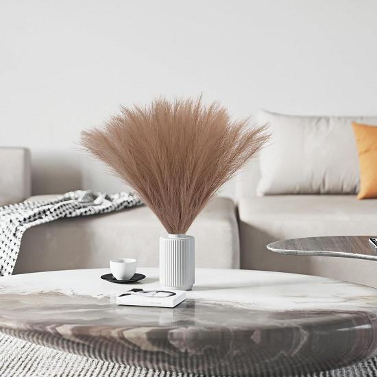 3 Pcs Artificial Flowers Faux Pampas Grass Small Fluffy Fake Flower Plant for Home Decor,Office,Bedroom, Items (Without Vase pot)(Brown)Silk