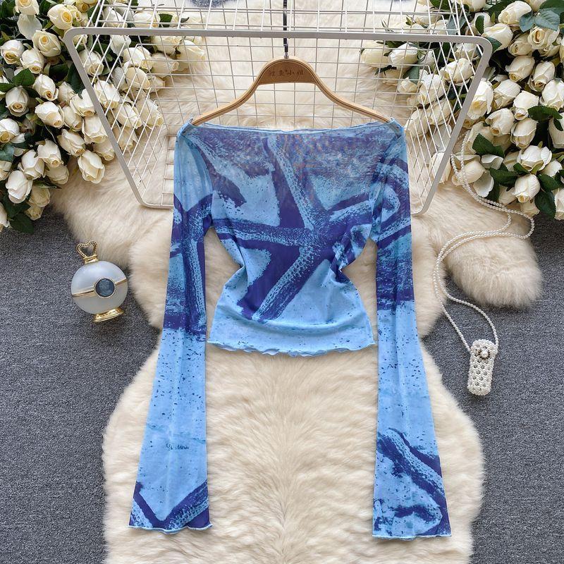 

Autumn Floral-Print off-Shoulder Silm Long Sleeves Small Top Blue S