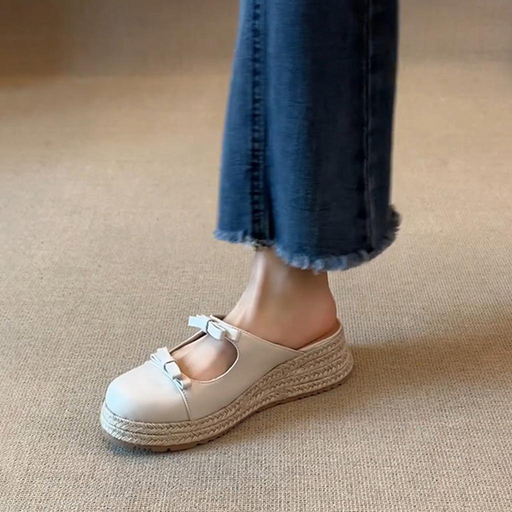 Retro Straw Woven Thick-soled Heightening Fisherman Shoes Women's Round Head Shallow Mouth Word with Bow Bag Head Sandals