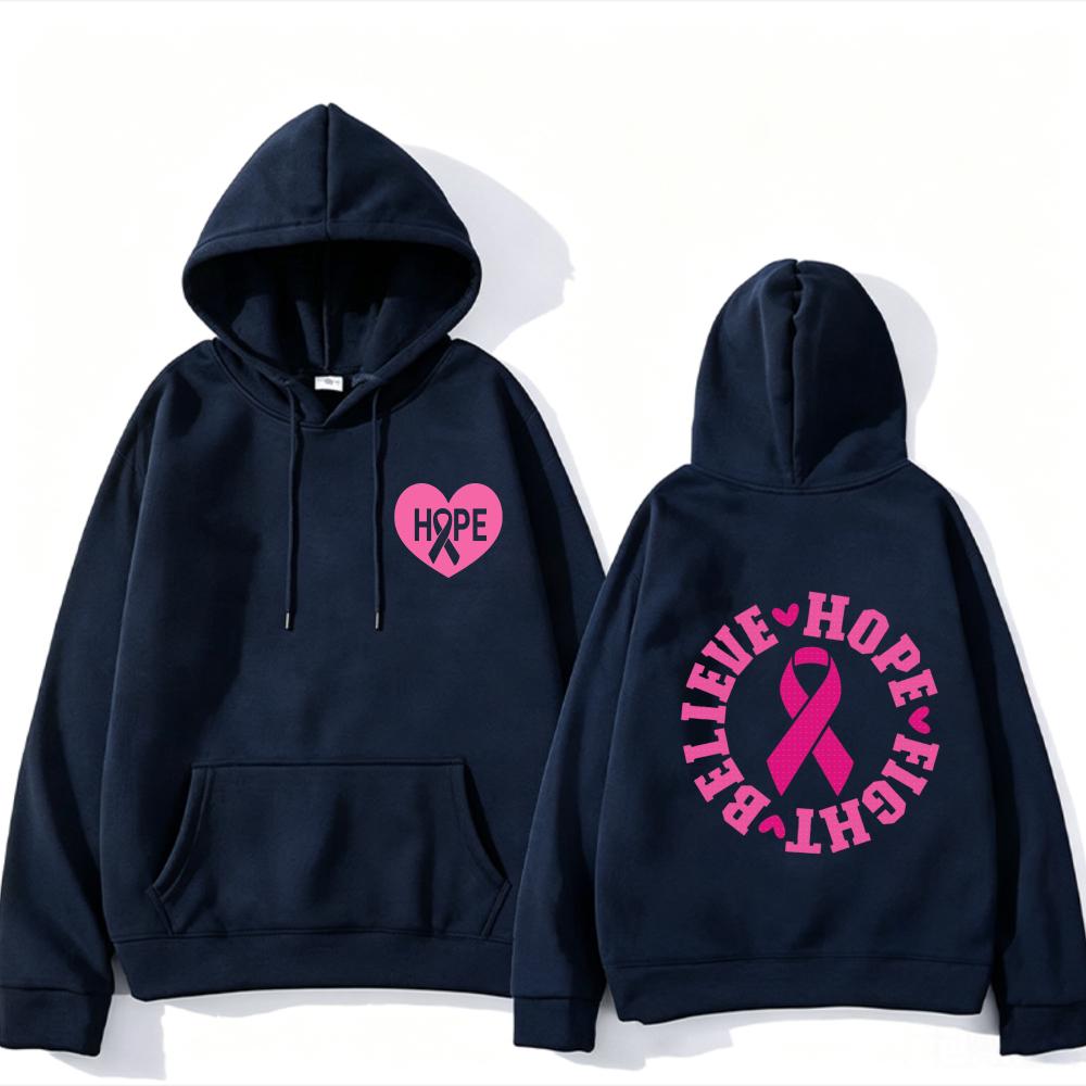 Believe Hope Fight Breast Cancer Awareness Hoodie Pink Ribbon Heart Letter Graphic Front Back Print Cancer Warrior Hooded Tops