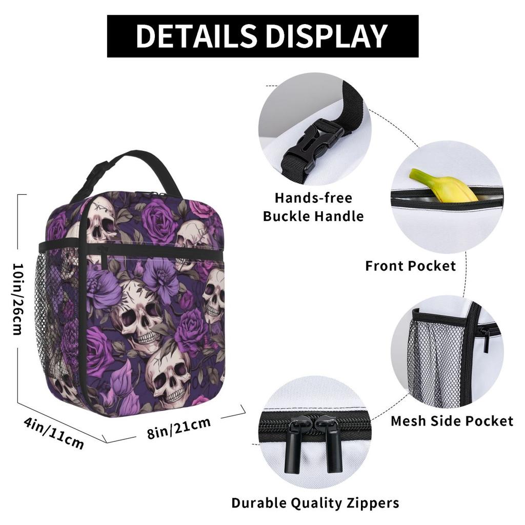 Violet Flower Skull Pattern Insulated Lunch Bag for Women Office Cooler Thermal Food Box Tote Leakproof Lunch Boxes Container