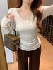 Miu Style Women's Lace Spliced V-Neck T-Shirt - Warm Base Layer for Autumn/Winter