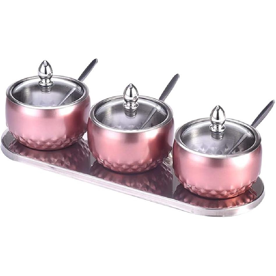 Солонка и Набор Баннок для Специй с Крышками, Ложками и Нескользящей Основой Сахарницы 3 шт. Емкости для Приправ для Кухни, Дома, Ресторана - Розовое Золото