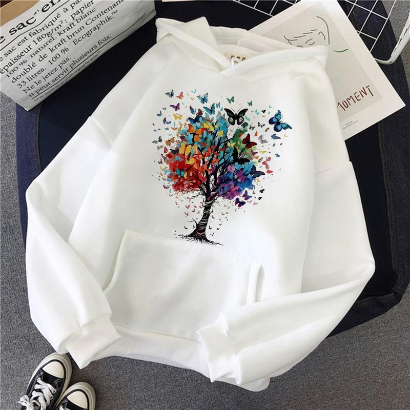 Butterfly Tree Print Kangaroo Pocket Hoodies Funny Autunm Winter Gothic Sweatshirts Women's Casual Print Clothes