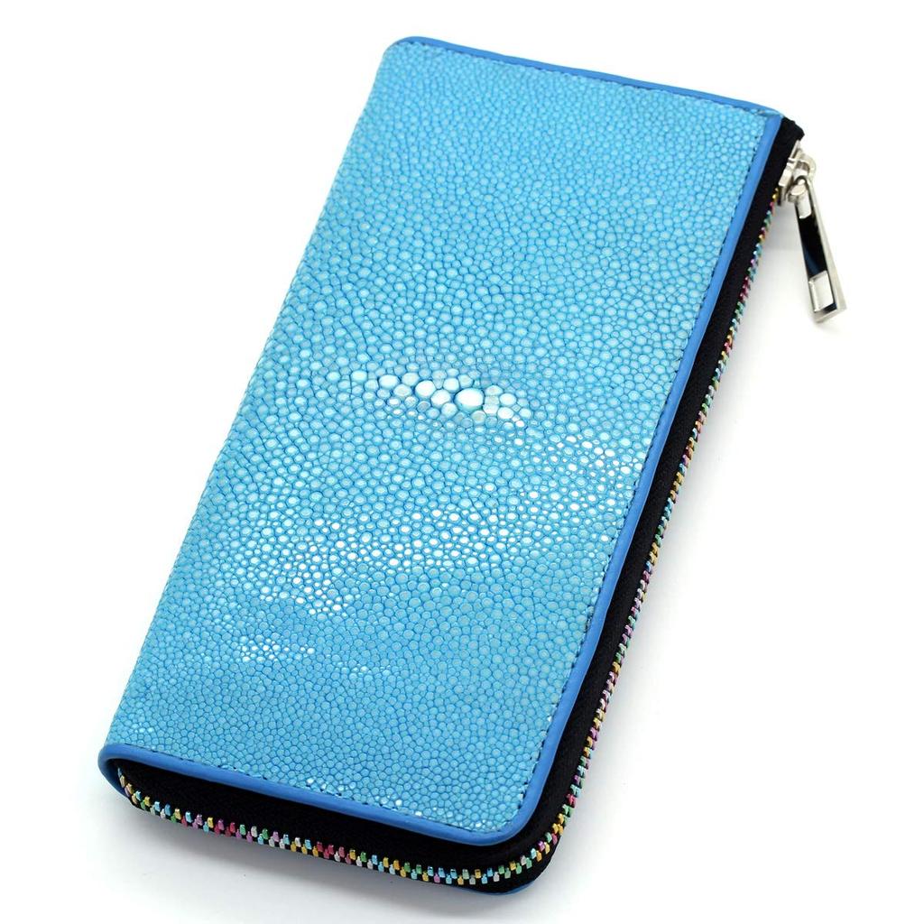 Levetta Stingray Leather Long Wallet, YKK Mix Colors, L-Zip, Galuchat, Stingray, Sky Blue, Light Blue, Men's and Women's, Genuine Leather [164-2stw]