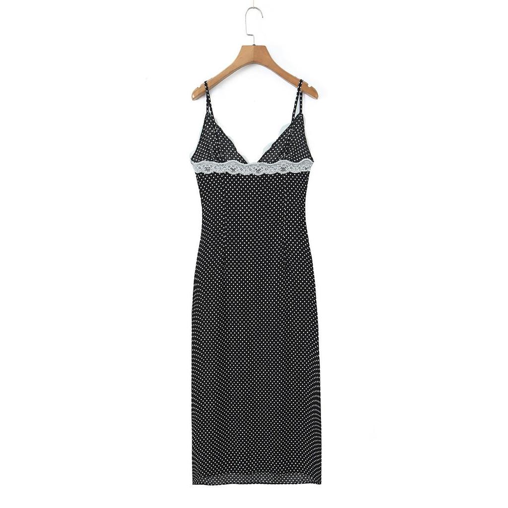 Women's Retro French Polka Dot Maxi Dress: Slim Fit, Strappy, V-Neck, Lace Patchwork, Early Spring Collection