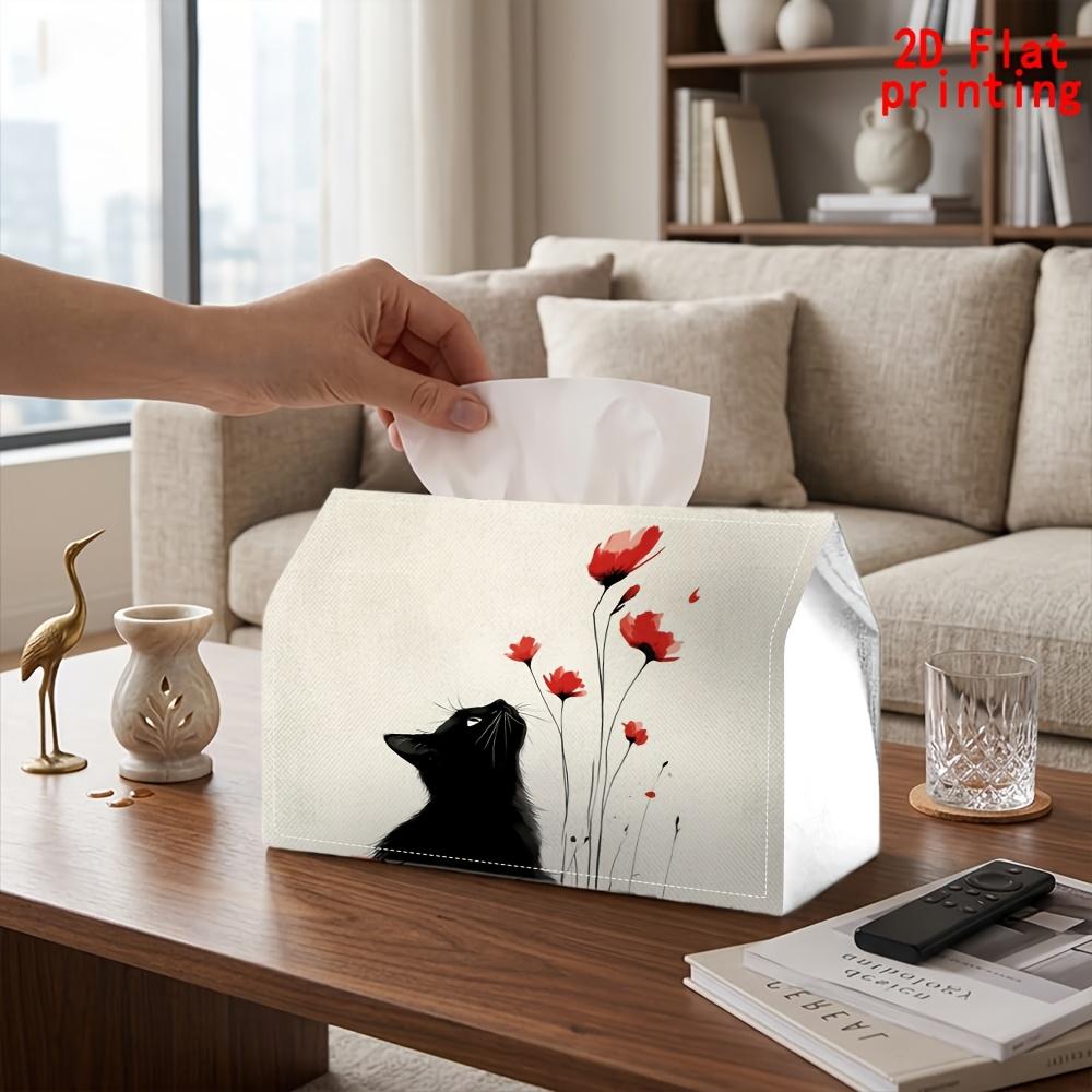 1pc Black Cat Tissue Box Suitable for Kitchen, Living Room, Bedroom, Bathroom - Reusable Tissue Dispenser with Black Cat & Flower, Compact Modern Deco