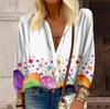 Women's Shirt Button Casual Easter Print Fashion Round Neck Drop Shoulder Seven Sleeve Shirt Top