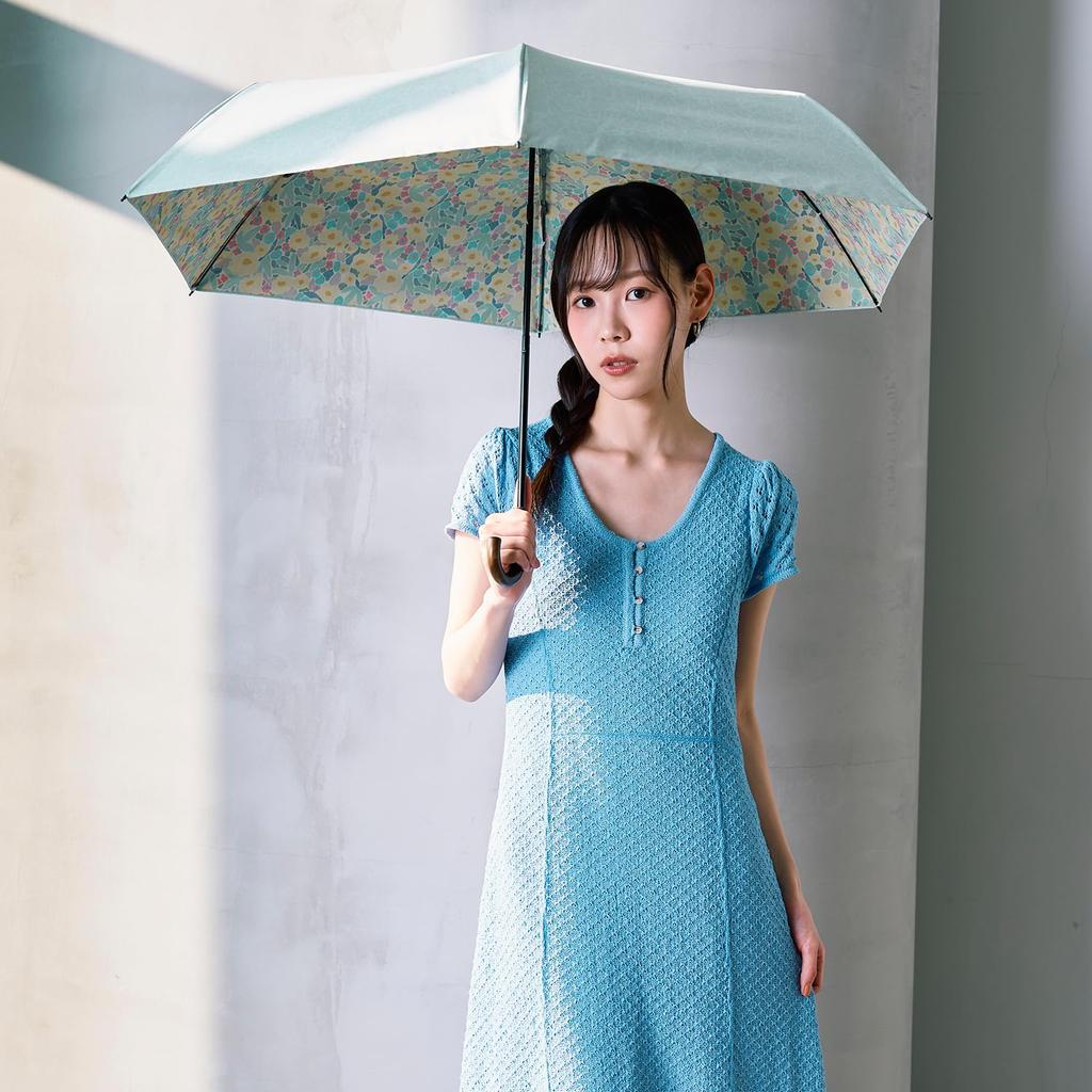 estaa Sun and Rain Heat Sun UV Light Green (Esta) Women's Parasol, Umbrella, Foldable, Plain/Floral Pattern, Shielding, Protection, Cut, 54cm,