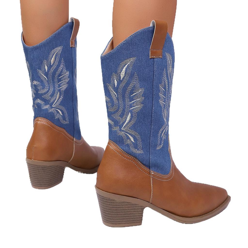 Color-blocked Embroidered Western Boots 2025 Autumn/winter New Pointed Toe Thick Heel Mid-heel Women's Boots