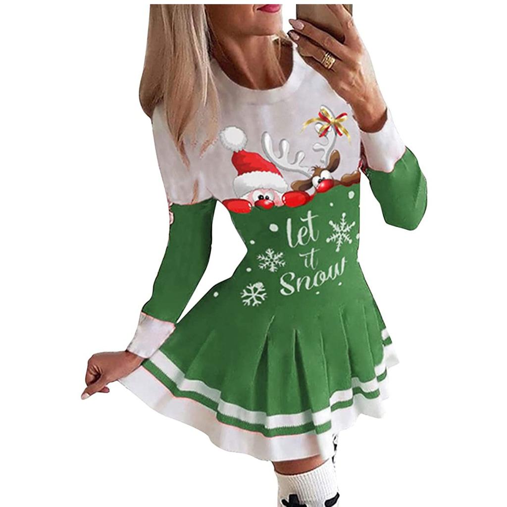Women's Patchwork Printed Pleated Round Neck Long Sleeve Christmas Dress