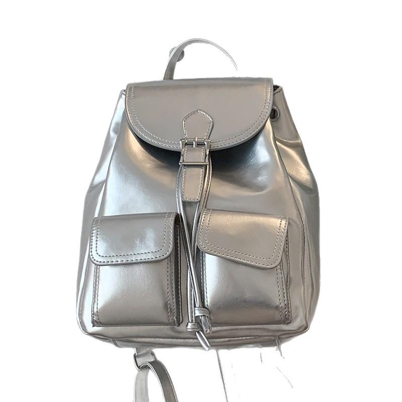 Leisure college style backpack women's 2025 new trendy fashion Korean version silver backpack simple portable travel bag