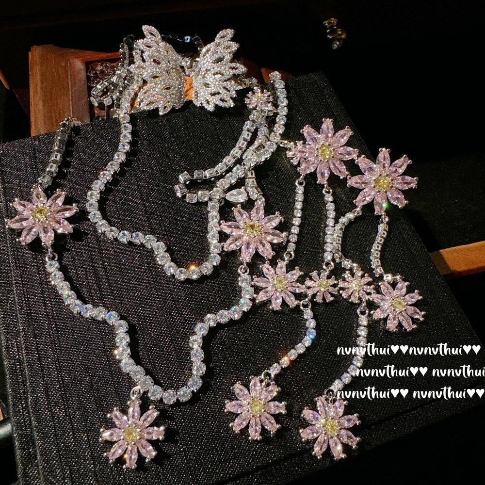 Papalacha Peach Blossom Gem Necklace, Rich Daughter Gold, Plated With 18K Gold, Rich Flower Zircon Earring Set.