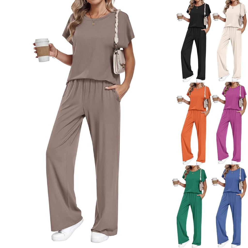 Women Short Sleeve Top Long Pants Loungewear Set Casual Loose Fit Two Piece Outfit Soft Fabric Comfortable Design