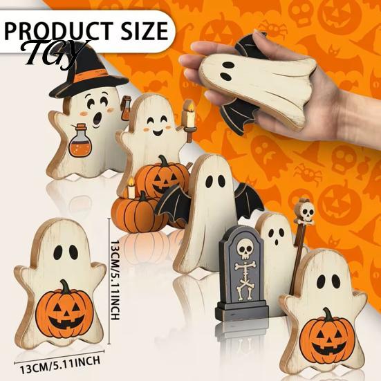 Lightweight Halloween Party Supplies Cute Ghost Sign, Pumpkin Tombstone Wooden Plaque Reusable Autumn Seasonal Accents for Tiered Tray Decor,