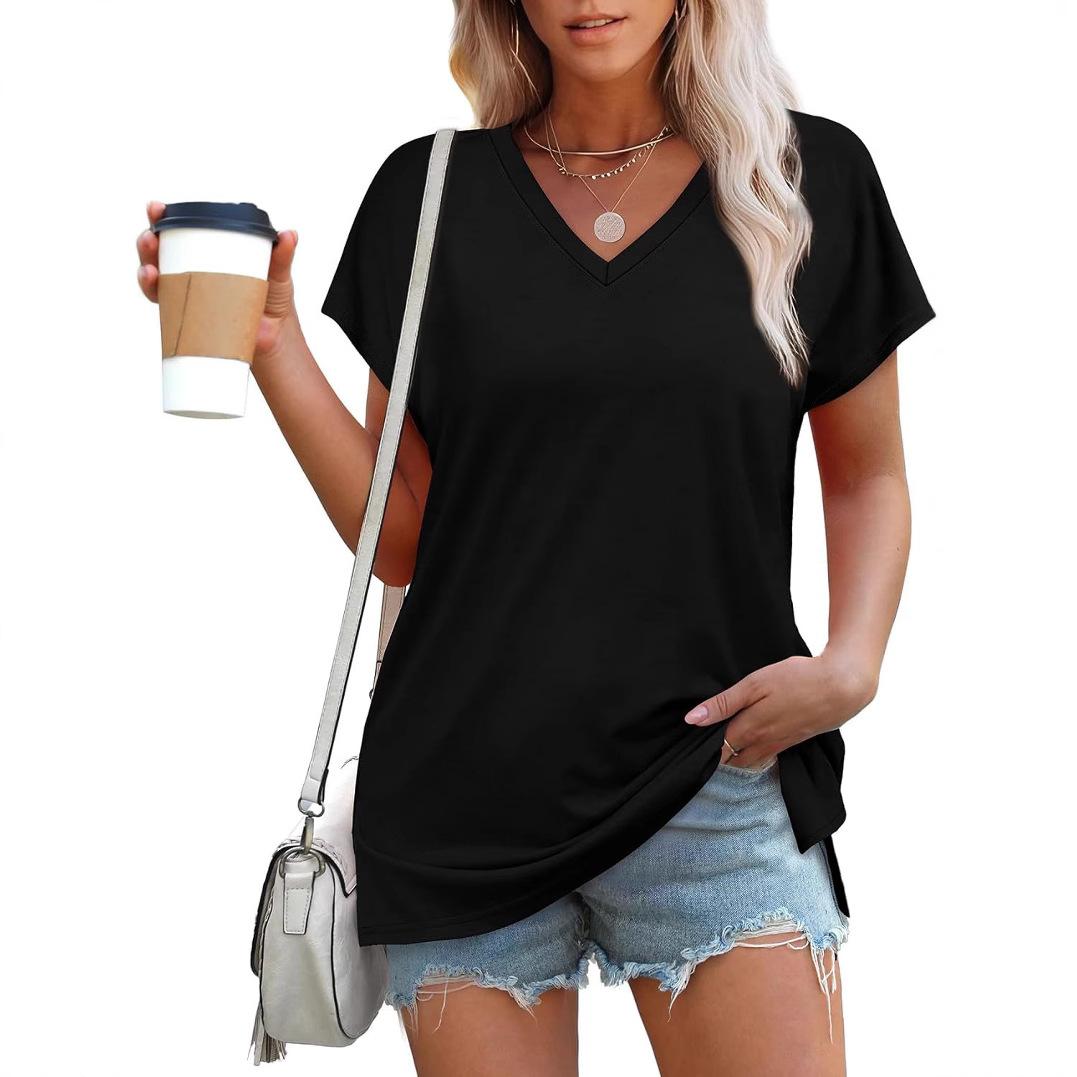 

2025 Европа и Соединенные Штаты Новые женские топы с V-образным вырезом и рукавами-крылышками, повседневные, летняя мода, модели, футболка 2XL чёрный