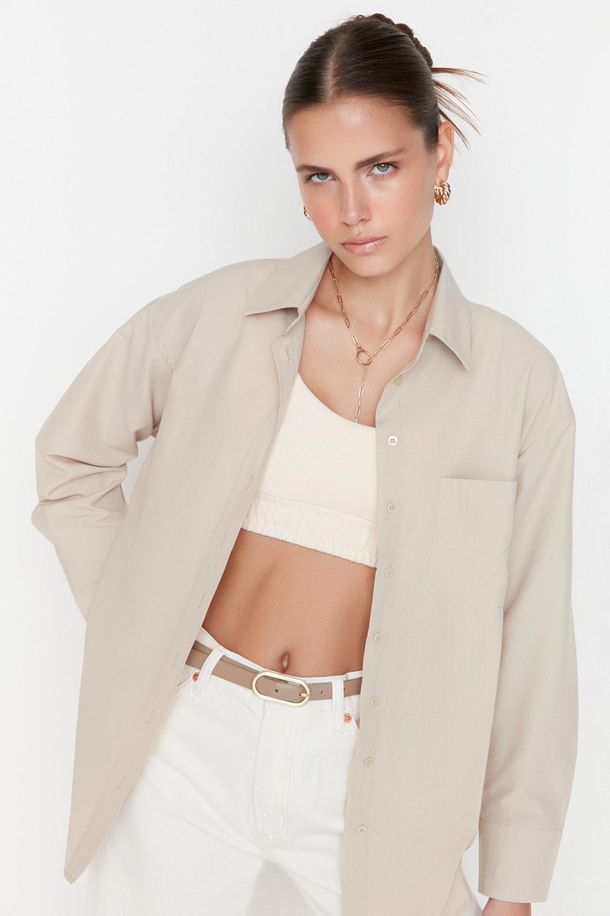 

Women s Style Shirt Gray Single Pocket Boyfriend Wide Fit Cotton Woven Shirt XS
