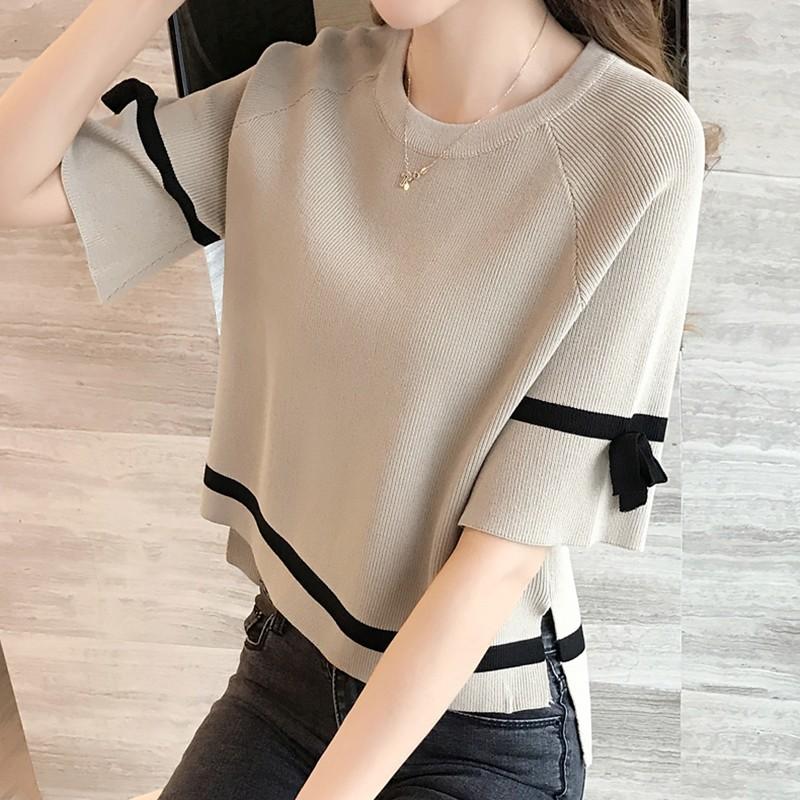 Femei Mânecă Sfert Cloche Temperament Versatil Tricouri Primăvară Vară Supradimensionat Elegant Modă Fundă Tricotat Pulover Tricou Topuri