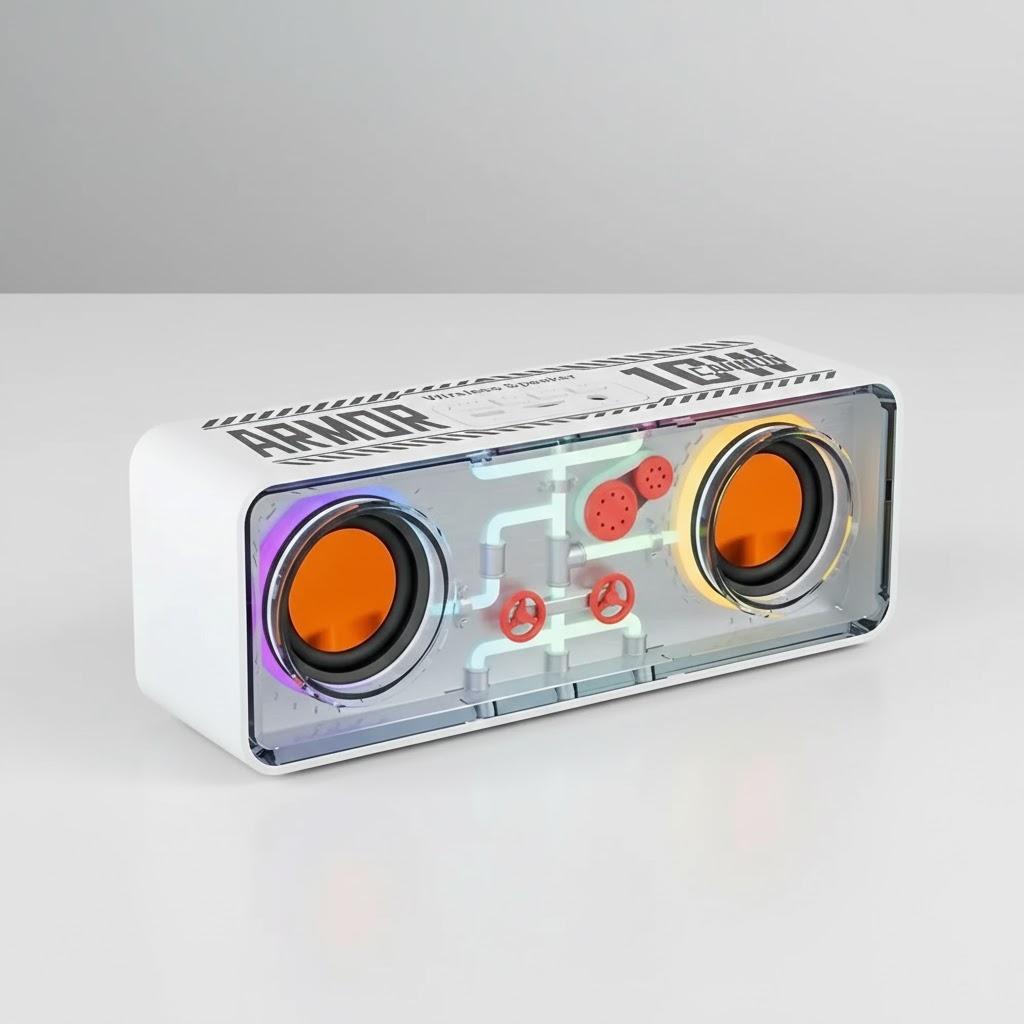

Portable Wireless Bluetooth Speaker Stonego Mecha Style Home E-Sports Bass Steel Diaphragm Stereo Sound білий