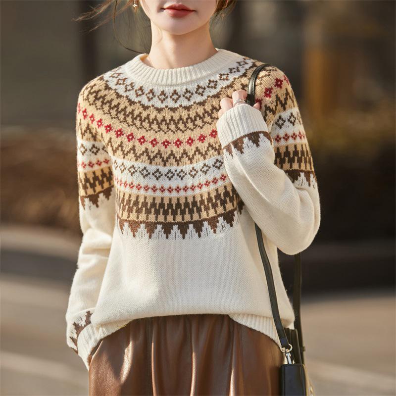 Women's Korean Style Fair Isle Wool Sweater - Loose Fit, Seamless Round Neck Jacquard Knitwear