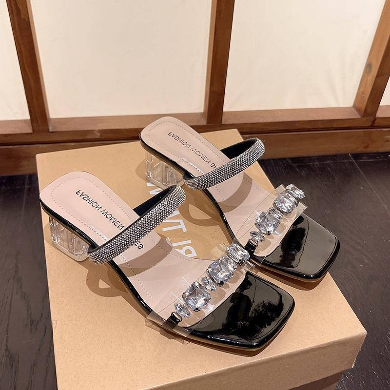 French Square Head Crystal Thick Heel Cool Slippers Women's Outer Wear Spring and Summer 2025 New Large Size High Heel Rhinestone One-word Drag
