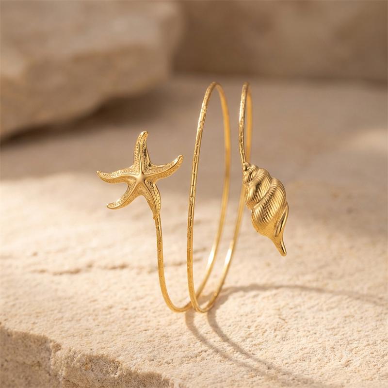 Vacation Style Gold Color Starfish Arm Cuff for Women Gold Color Scallop Upper Arm Adjustable Bracelet Bangle Beach Body Jewelry
