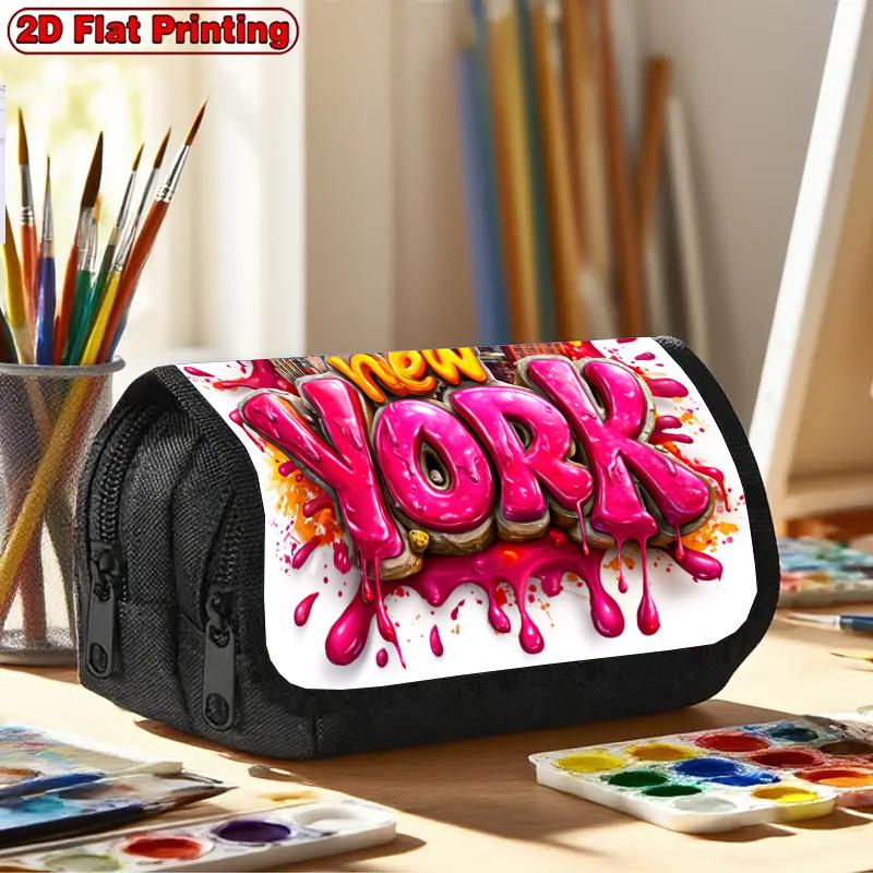 1pc New York Design Double Layer Flip Pencil Case-Multi Layer Flip Cover Design, Storage Bag, Zipper Closure, Suitable for Schools, Offices, And Trave