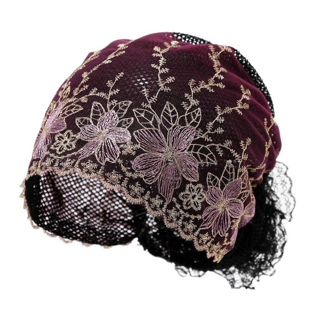 Soft Elastic Curly Hair Hat Embroidered Flowers Elderly Beauty Cap  All-match