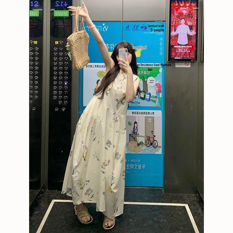 Korean Style Printed Sleeveless A-Line Summer Tea-Length Dress