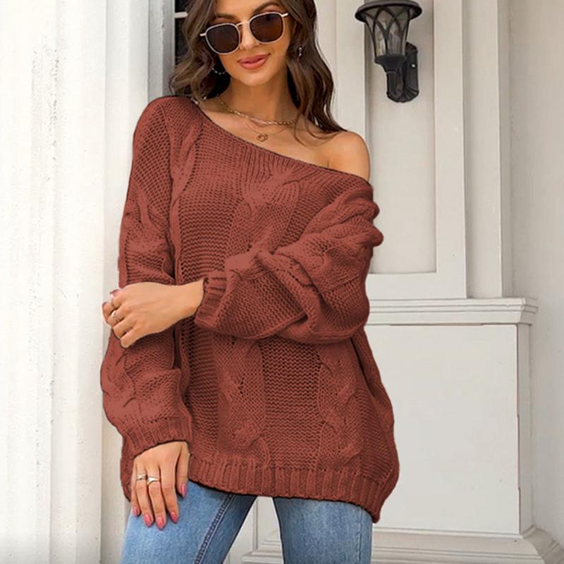 Ladies Autumn Winter Lantern Sleeve Flat Shoulder Pullover Solid Color Loose Knitted Sweater Knitwear Top