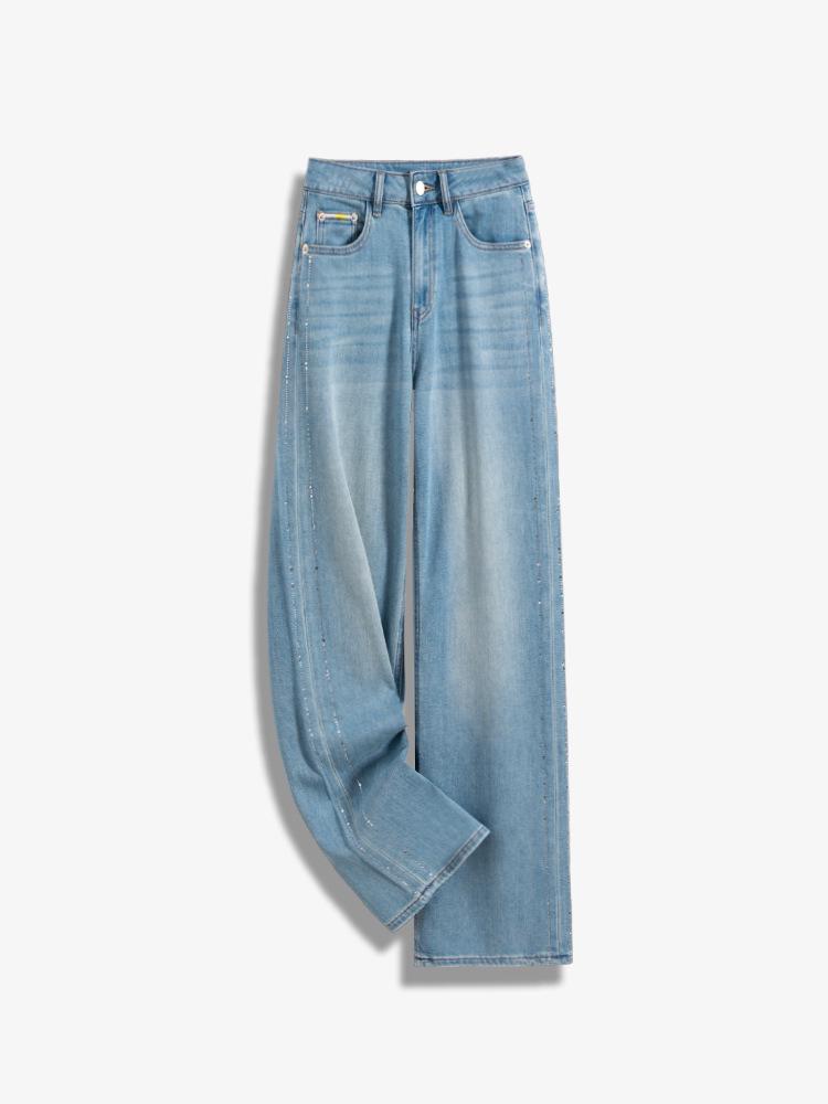 

Li Shaonü Women s High-Waisted Rhinestone Wide-Leg Jeans, 2026 Summer Loose Slimming Drape Straight Pants XS