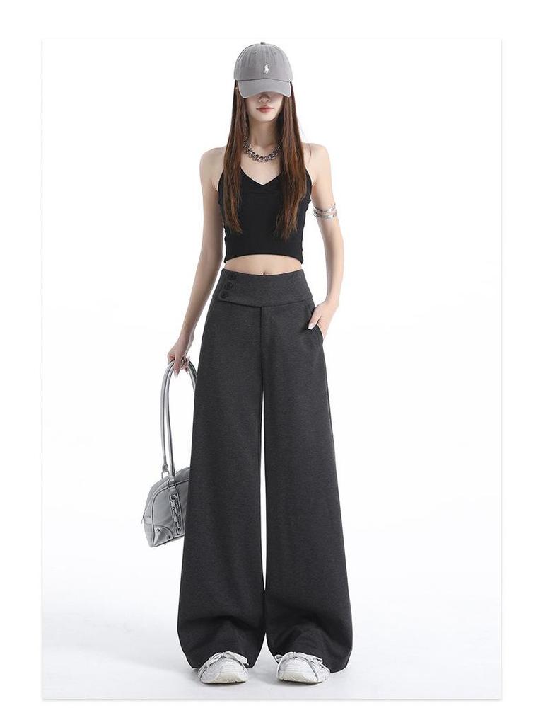 Women's Retro Grey Wide-Leg Suit Pants - Spring Casual, Versatile & Comfortable