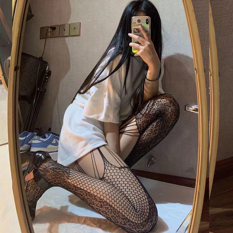Sexy Dark Punk Fishnet Garters: Japanese Y2K Style Black Silk Stockings