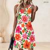 Women Plus Size Sleeveless Round Neck Keyhole Ring Floral Printed A Line Dress