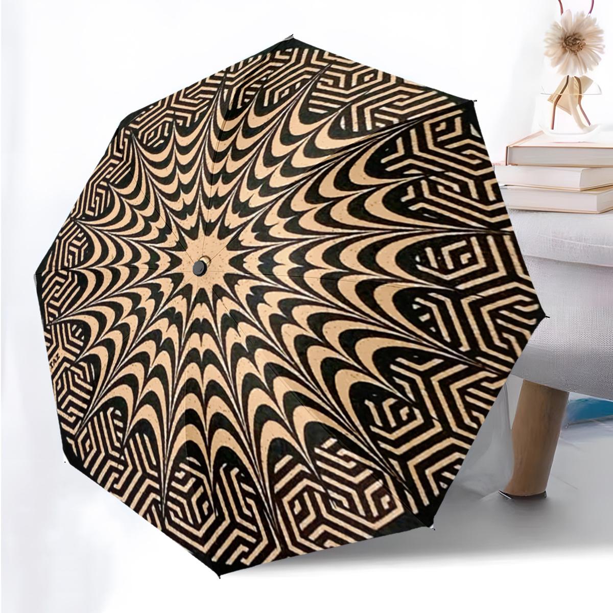 1pc Automatic Open/Close Umbrella with Geometric Black & Golden Pattern - Compact Folding Umbrella, Windproof 8-Rib Frame, Por (as the picture,Iron&8K)