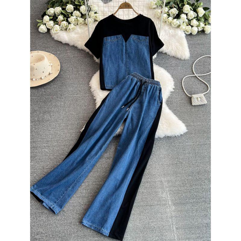 Chic Hong Kong Style Suit Women's Stylish Short Sleeve T-Shirt Patchwork Denim Tops + High Waist Casual Straight Pants Two-piece Set