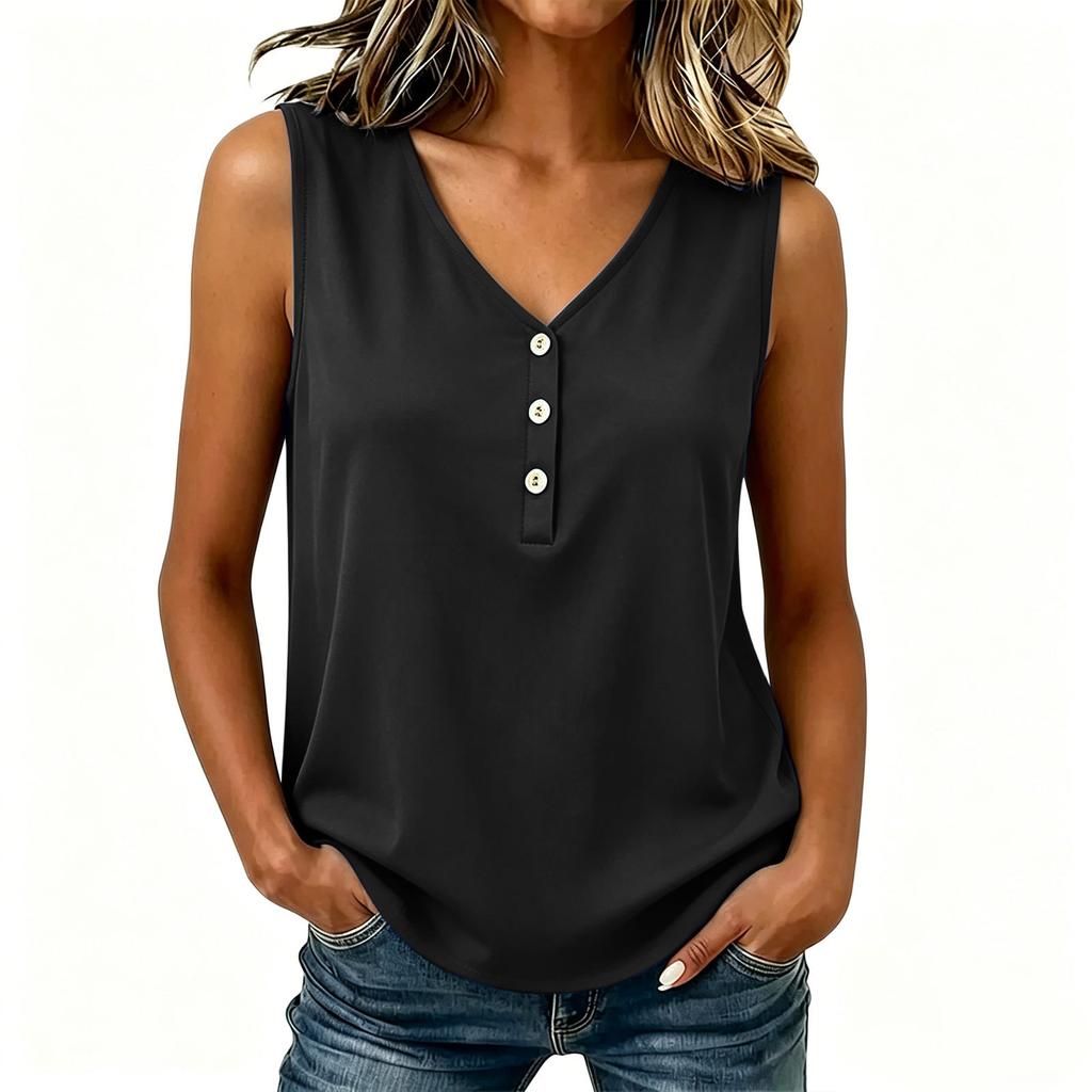 Women's Loose Fit Sleeveless V Neck Pullover Top Button Detail Casual Summer Blouse Lightweight Tank Shirt