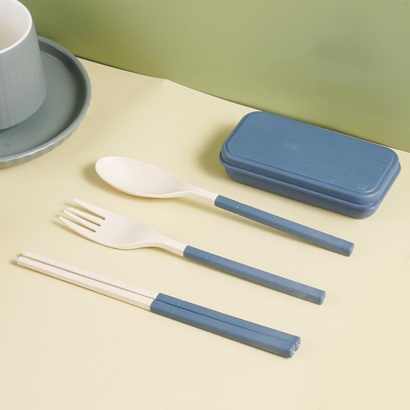 Japanese-Style Wheat Straw Cutlery Set Knife Fork Spoon Chopsticks - Three-Piece Folding Portable Cutlery