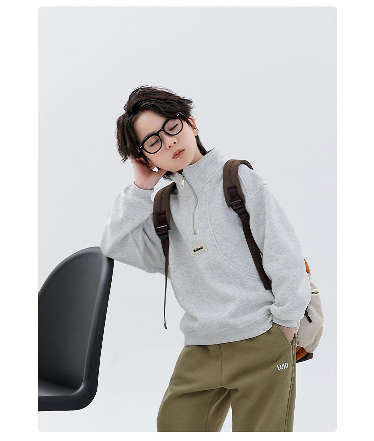 Boys' Fleece-Lined Half-Zip Sweatshirt: Trendy, Warm, Long-Sleeved Top for Autumn/Winter 2025