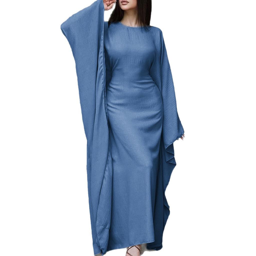 Round Neck Wide Flare Sleeve Satin Textured Maxi Dress Elegant Loose Fit Fall Winter Modest Abaya Style Evening Wedding Guest Floor Length Long Gown
