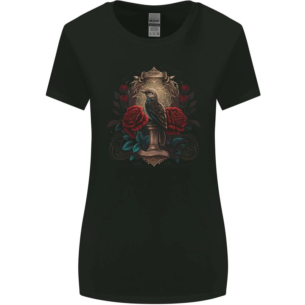 A Bird With a Gothic Vase and Roses Womens Wider Cut T-Shirt