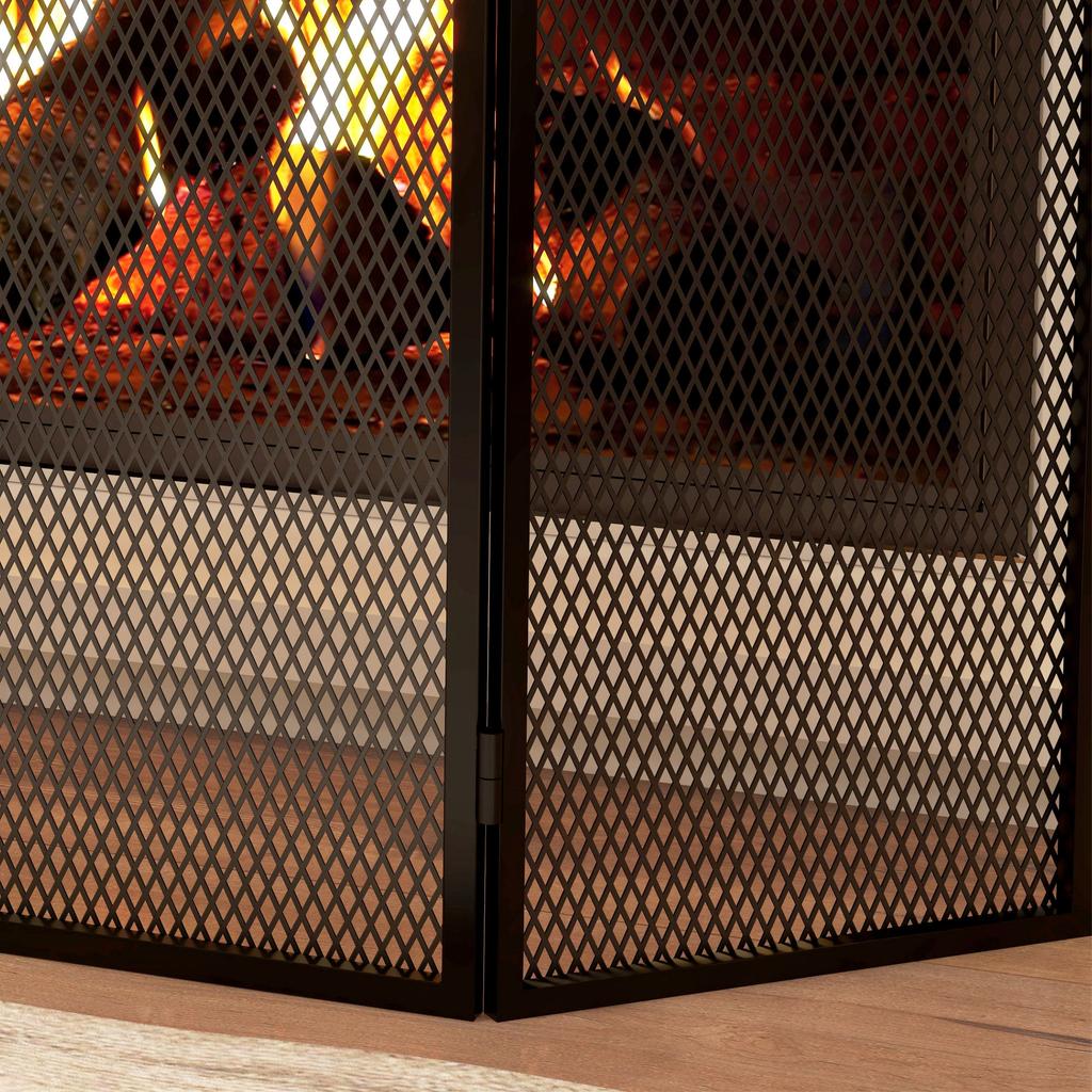 Fireplace Screen, 3-Panel, Folding, Metal Frame, 96 X 60 Cm, Black