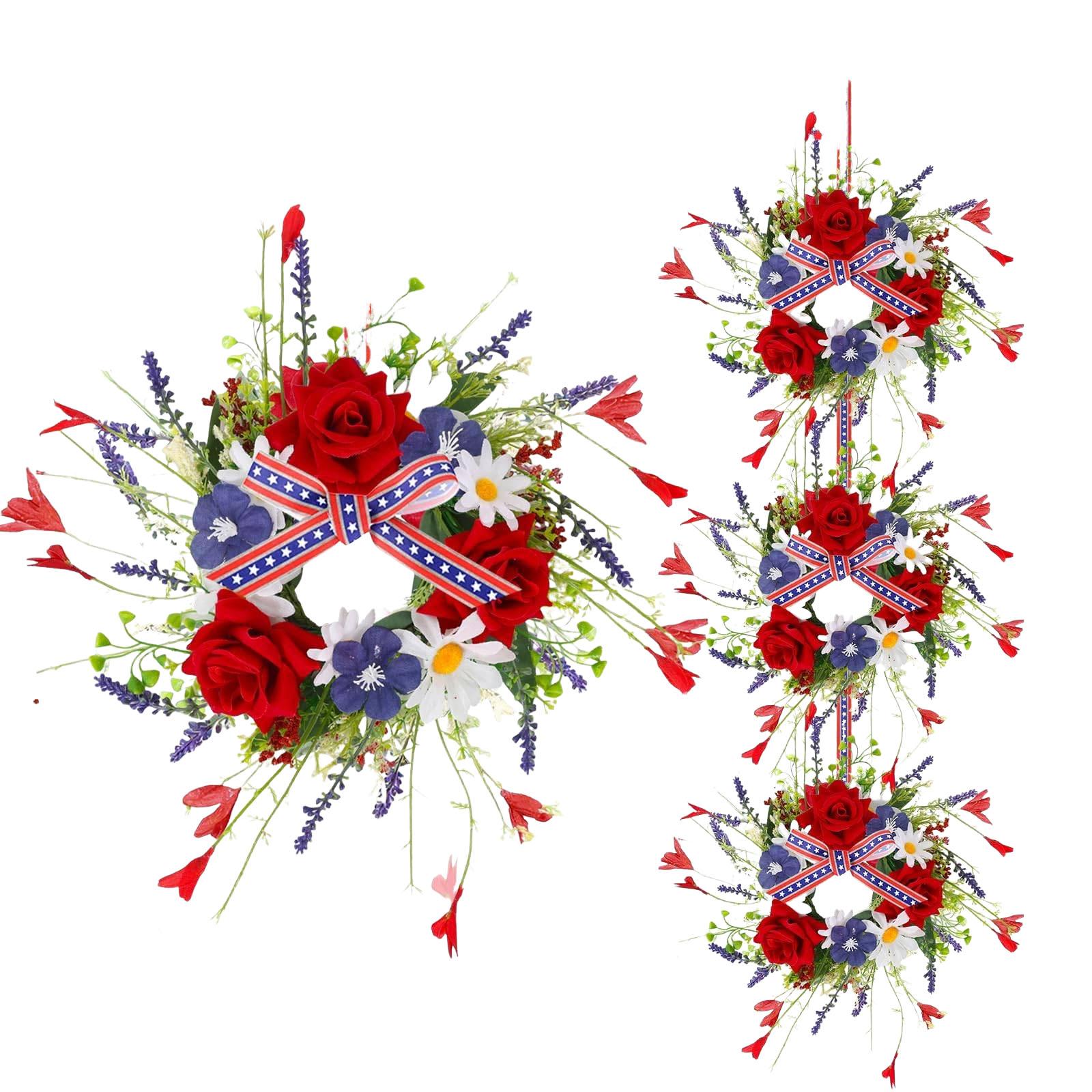 

4-piece Patriotic American- Cabinet Wreath Set, Featuring Small Red, , And Blue Floral Wreaths With Ribbons. One Size