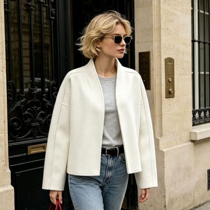 Womens Short Wool Blend Coat 2026 Winter Thick Warm V-Neck Loose Fit Beige Trench Style Outerwear