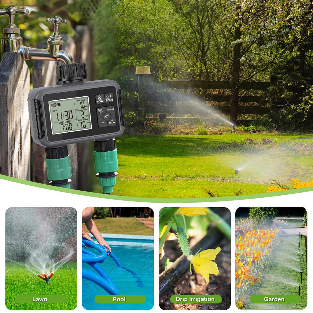 Programmable Dual-Outlet Water Hose Timer, Rainproof Irrigation Controller with Rain Sensor for Automatic Garden Watering