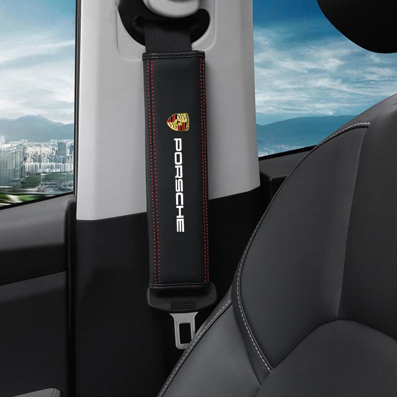 2pcs Leather Car seat belt Nappa Shoulder Protector Car Accessories For Porsche Panamera Cayenne Taycan 911 718 Macan Carrera-GT GO3
