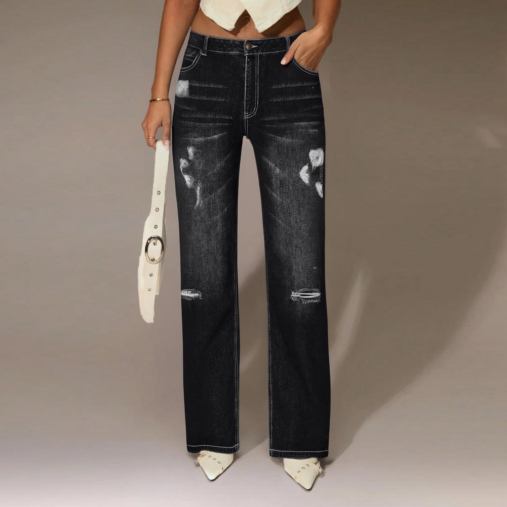 Damen High Waist Straight Loose Spitze Stretch Leichte Mode Jeans