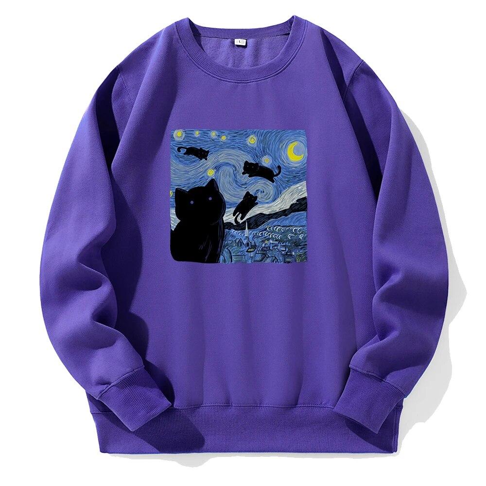 Pictură în ulei Pisică neagră Noapte înstelată Imprimare Glugă Unisex Moda sportivă Noi Hanorace Fleece Hanorac cald Hanorac largi supradimensionat