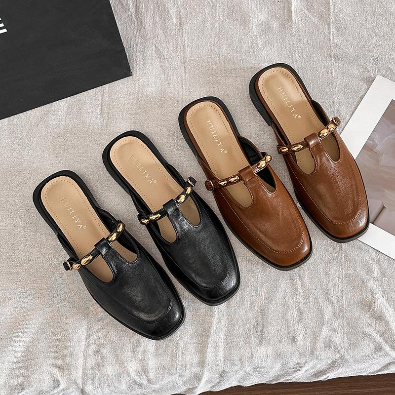X139-5 retro Mary Jane shoes women's head t-shaped with skirt small leather shoes black French flat shoes women